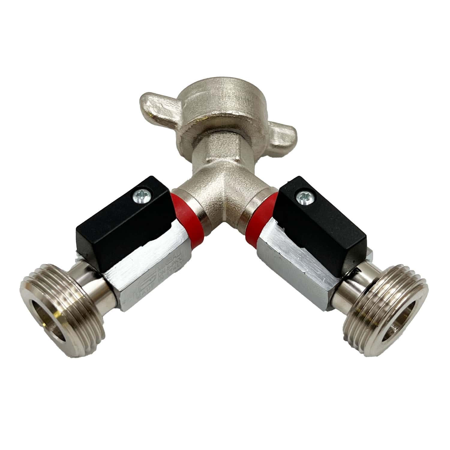Absperrhahn 2-leitig für Druckminderer 3/4" Bier - 1x 3/4" IG mit Flügelmutter und 2x 3/4" AG